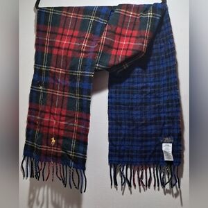 Polo Ralph Lauren Reversible Plaid Virgin Wool Men Scarf 72"×10" Made In Italy
